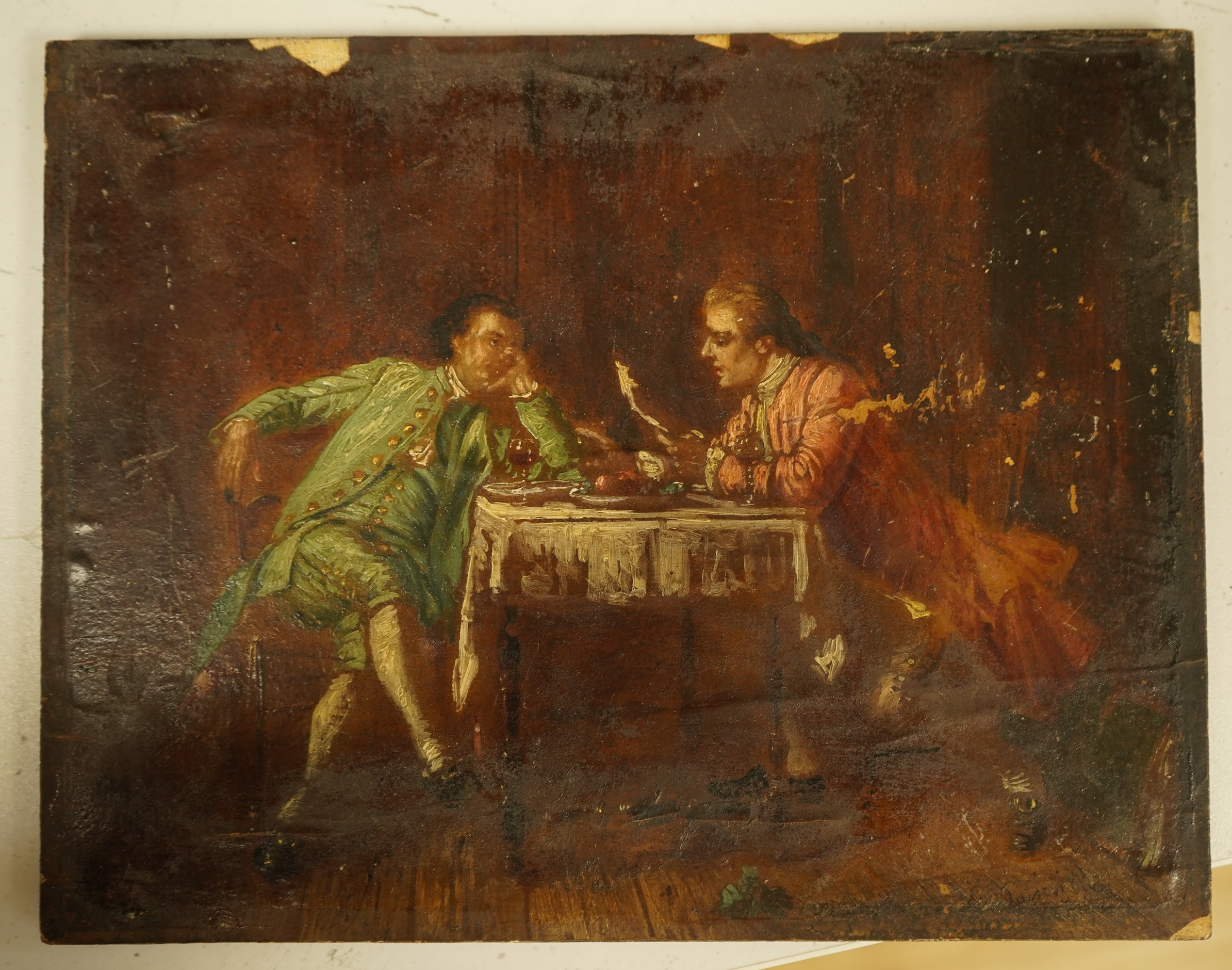 Joinville?, Interior scene with two gentlemen wearing Georgian dress, indistinctly signed lower right, oil on panel, unframed, 18 x 23cm